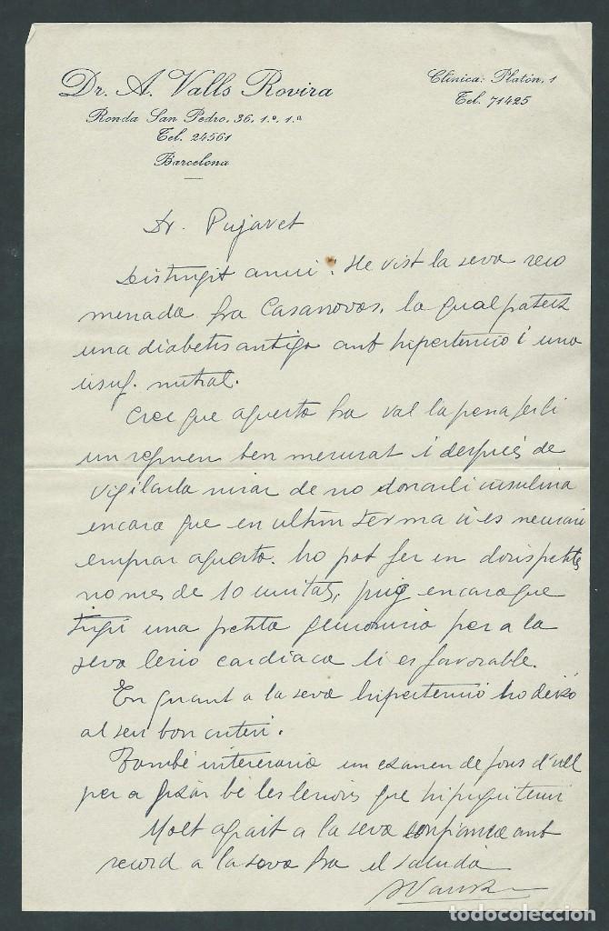Documentos antiguos: antigua carta dr. A Valls Rovira a&ntilde;os 1930 firmada barcelona clinica platon