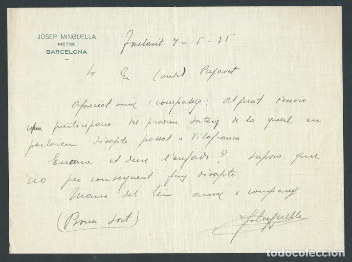 Documentos antiguos: antigua carta dr. josep minguella a&ntilde;o 1935 medico barcelona firmada