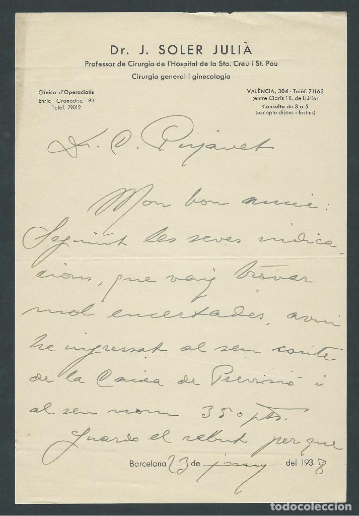 Documentos antiguos: carta dr. Juan Soler Julia a&ntilde;o 1938 firmada barcelona doctor presidente F.C. Barcelona Bar&ccedil;a firmada