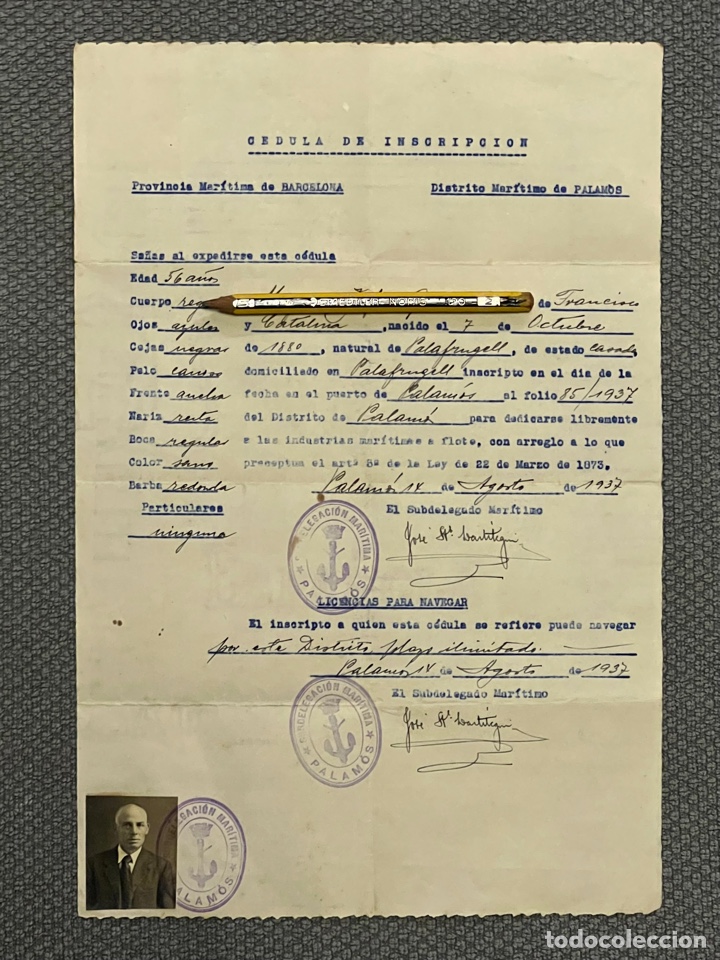 Documentos antiguos: PALAMOS, Girona.. Documento Oficial. Licencia para Navegar&hellip; .., natural de Palafrugell (a.1937)