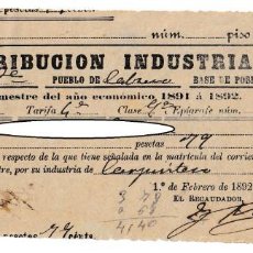 Documentos antiguos: RECIBO SIGLO XIX / CONTRIBUCIÓN INDUSTRIAL PUEBLO DE CABRERA FEBRERO 1892. Lote 319188298