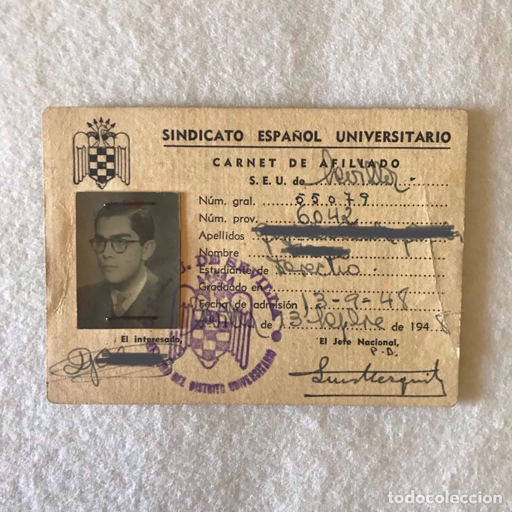 Documentos antiguos: CARN&Eacute; SINDICATO ESPA&Ntilde;OL UNIVERSITARIO / SEU - FALANGE - DERECHO - SEVILLA - 1948