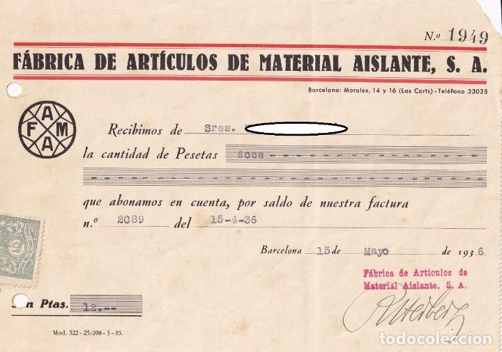 Documentos antiguos: Recibo Barcelona, 1936 - F&aacute;brica de art&iacute;culos de material aislante S.A.