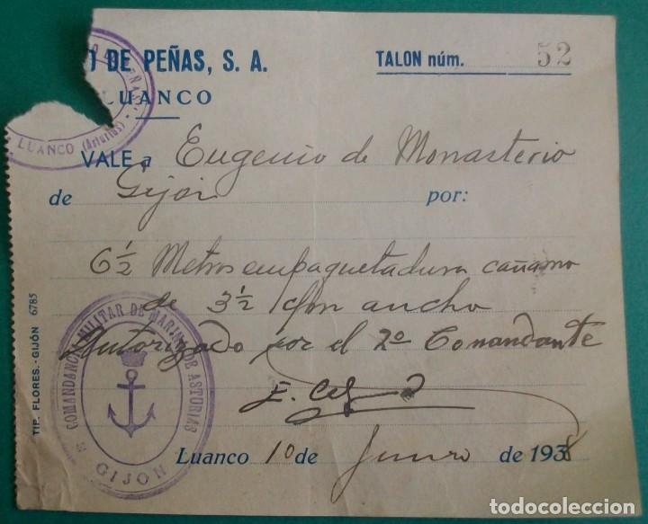 Old Documents: ASTURIAS. Vale de la conservera Cabo de Pe&ntilde;as S.A. Luanco-Goz&oacute;n. 1938. Guerra Civil