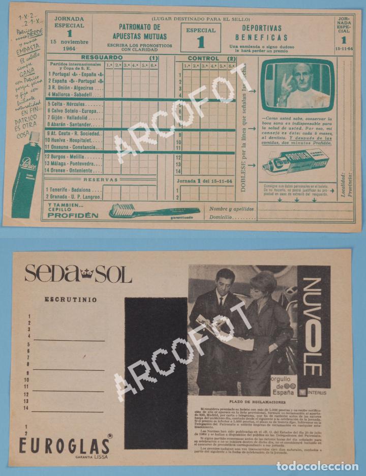 Documentos antiguos: Antiguo Boleto de QUINIELA - JORNADA ESPECIAL 1 - 15 noviembre 1964 - PATRONATO DE APUESTAS MUTUAS