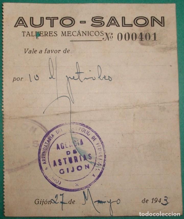 Documentos antiguos: Vale por 10 litros de petr&oacute;leo de Auto-Sal&oacute;n talleres mec&aacute;nicos. CAMPSA-Gij&oacute;n (Asturias). 1943