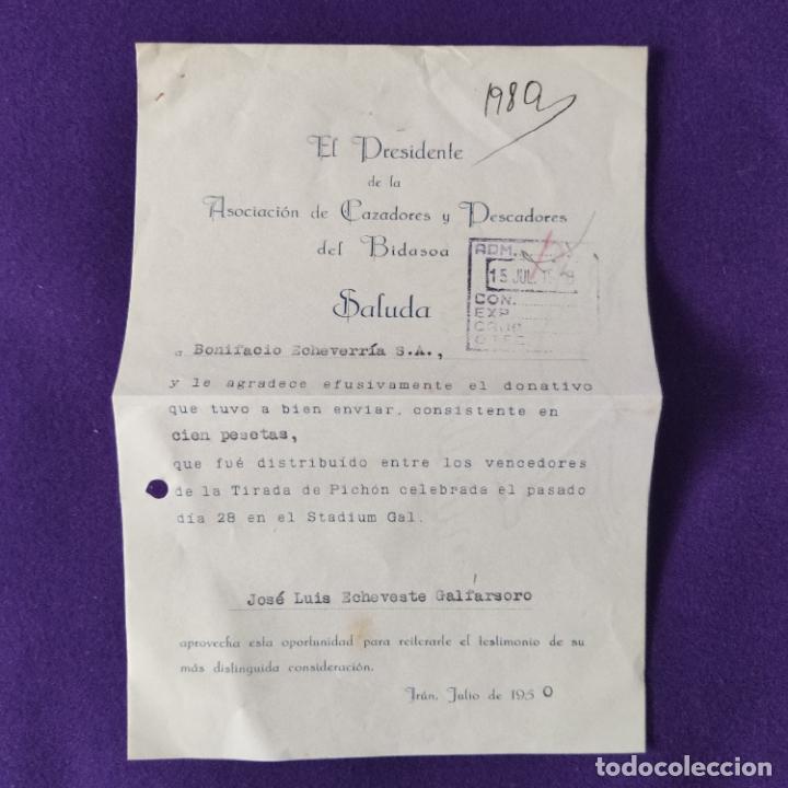 Documentos antiguos: ASOCIACION CAZADORES Y PESCADORES DEL BIDASOA. TIRO PICHON. STADIUM GAL. JULIO 1950. ORIGINAL.