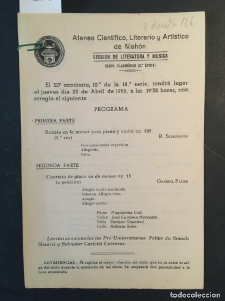 Documentos antiguos: ATENEO CIENTIFICO, LITERARIO Y ARTISTICO DE MAHON, MENORCA, 1959, 2 PROGRAMAS