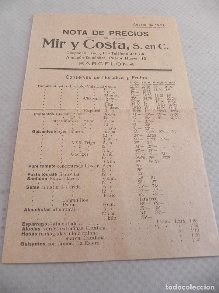 Old Documents: ANTIGUA TARIFA DE PRECIOS MIR Y COSTA,S.EN C. CONSERVAS. BARCELONA. A&Ntilde;O 1927 (F00036) @