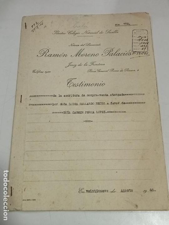 Documentos antigos: ESCRITURA DE COMPRA-VENTA. 1946. JEREZ DE LA FRONTERA. VER SELLOS