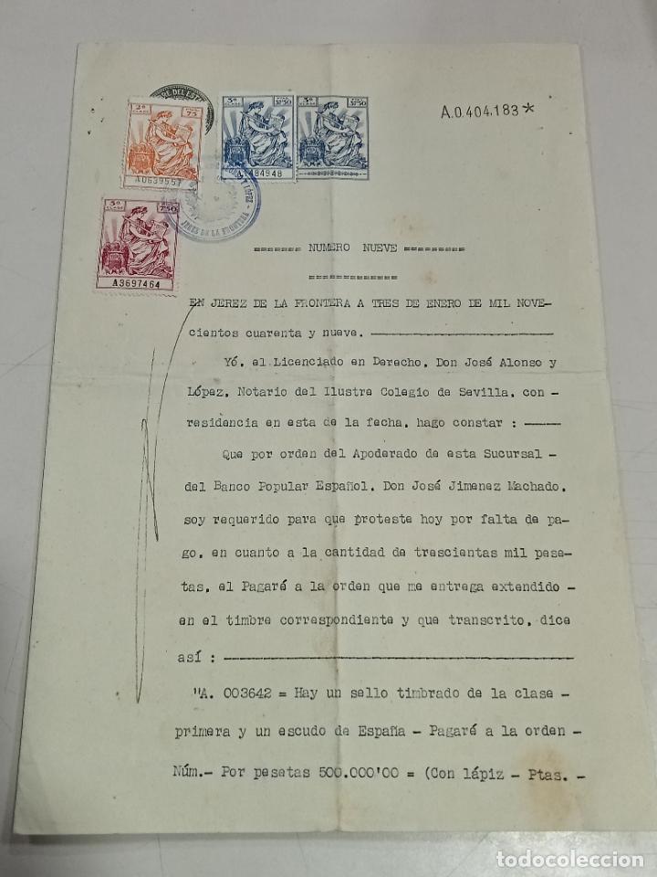 Documentos antigos: PROTESTO POR FALTA DE PAGO. 1949. JEREZ DE LA FRONTERA. SELLOS DE 2&ordf; Y 3&ordf; CLASE.