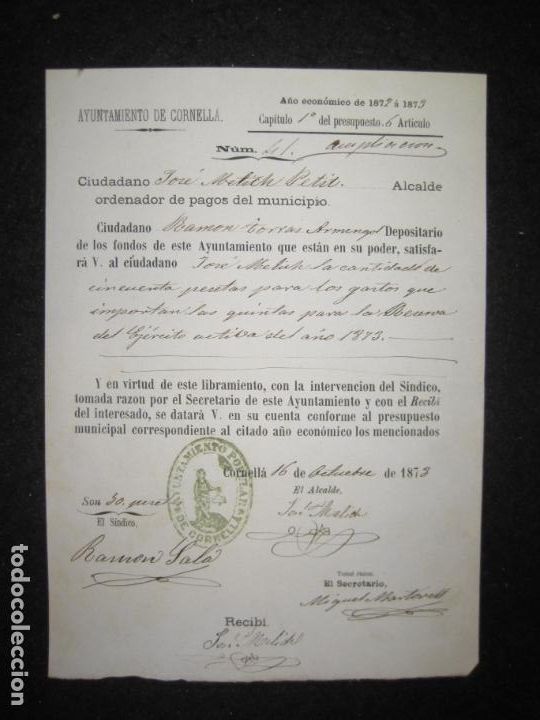 Documentos antiguos: AYUNTAMIENTO CONSTITUCIONAL DE CORNELLA-A&Ntilde;O 1873-DOCUMENTO ANTIGUO-VER FOTOS-(K-5977)