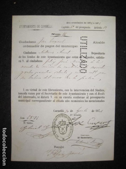 Documentos antiguos: AYUNTAMIENTO CONSTITUCIONAL DE CORNELLA-A&Ntilde;O 1874-DOCUMENTO ANTIGUO-VER FOTOS-(K-5979)