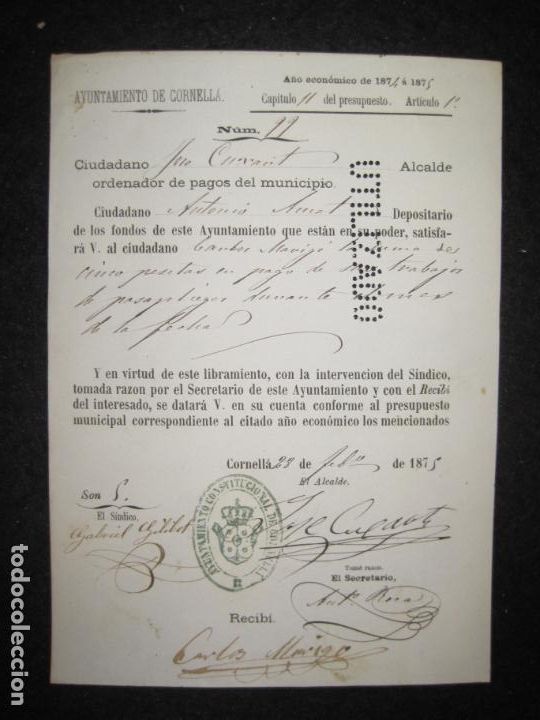 Documentos antiguos: AYUNTAMIENTO CONSTITUCIONAL DE CORNELLA-A&Ntilde;O 1875-DOCUMENTO ANTIGUO-VER FOTOS-(K-5981)