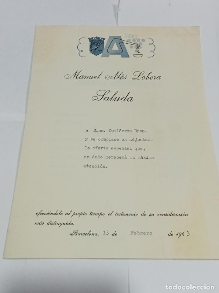 Documentos antiguos: SALUDA CON OFERTAS Y MODELO DE PEDIDO. MANUEL AL&Oacute;S LOBERA. 1963. BARCELONA