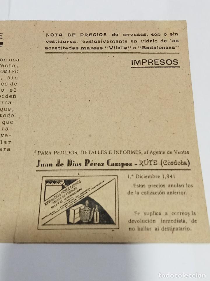 Documentos antiguos: NOTA DE PRECIOS. JUAN DE DIOS PEREZ CAMPOS. RUTE, CORDOBA. 1941. ILUSTRADO. VER INTERIOR