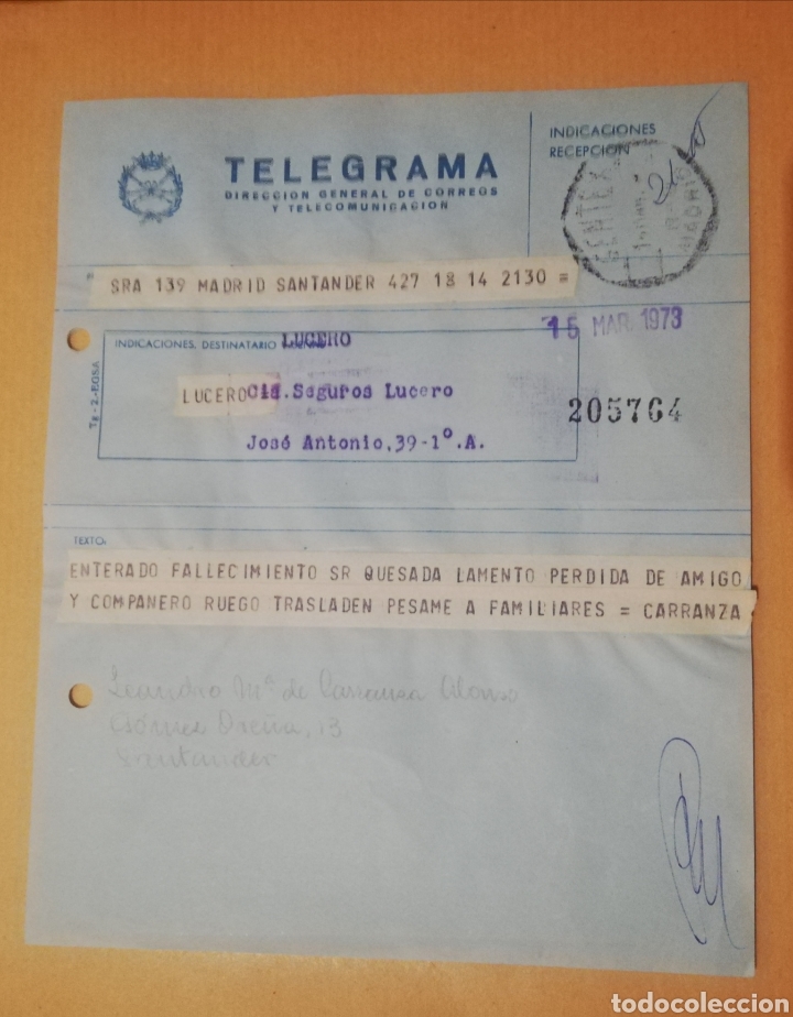 Documenti antichi: TELEGRAMA - A&Ntilde;O 1973