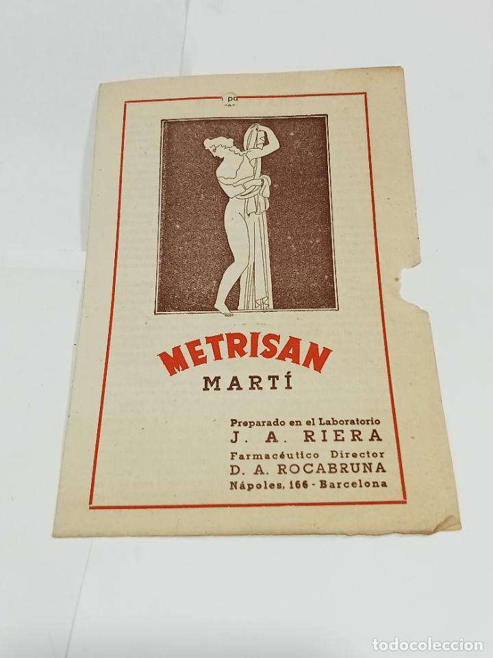 Documentos antigos: PUBLICIDAD FARMACIA. METRISAN MARTI. LABORATORIO J.A.RIERA. VER INTERIOR