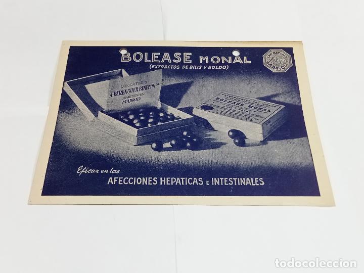 Documentos antigos: PUBLICIDAD FARMACIA. BOLEASE MONAL. EXTRACTOS DE BILIS Y BOLDO. A.BERENGUER-BENEYTO Y CIA.