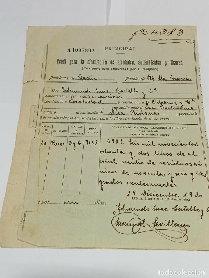 Documentos antigos: VEND&Iacute; PARA LA CIRCULACION DE ALCOHOLES, AGUARDIENTES Y LICORES. PUERTO STA MARIA. 1930. VER