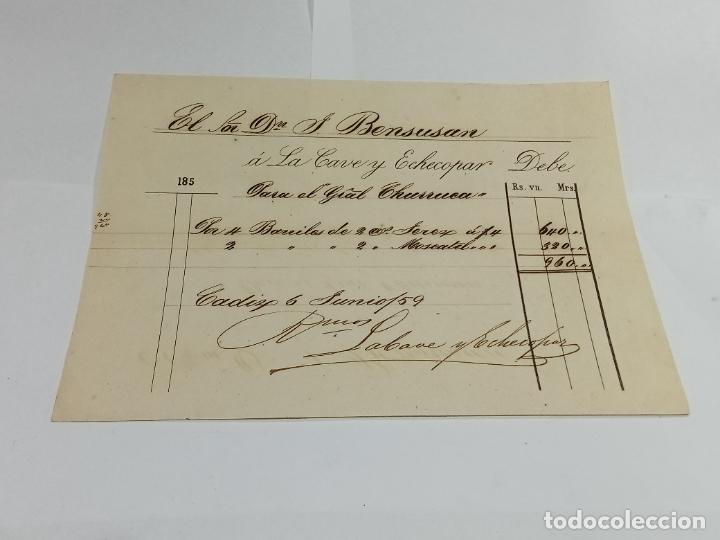 Documentos antigos: FACTURA POR BARRILES DE VINO. LA CAVE Y ECHECOPAR. CADIZ. 1859. VER