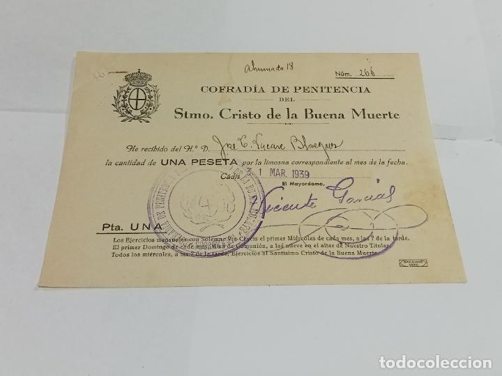 Old Documents: RECIB&Iacute;. COFRAD&Iacute;A DE PENITENCIA DEL STMO CRISTO DE LA BUENA MUERTE. LIMOSNA. 1939. C&Aacute;DIZ
