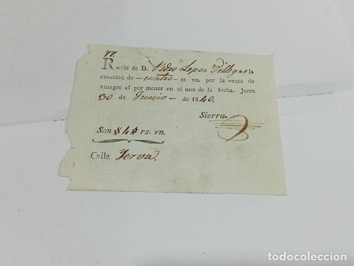 Old Documents: RECIB&Iacute;. VENTA DE VINAGRE AL POR MENOR. JEREZ DE LA FRONTERA. 1840
