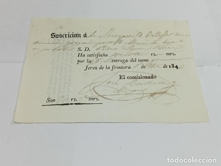 Old Documents: RECIB&Iacute;. SUSCRIPCI&Oacute;N A LA MARQUESA LA BELLAFLOR. 20 REALES DE VELL&Oacute;N. 1846. JEREZ DE LA FRONTERA
