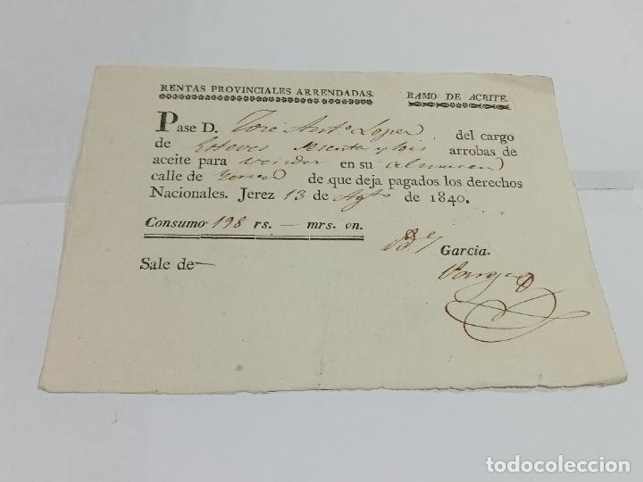 Old Documents: RECIB&Iacute;. RENTAS PROVINCIALES ARRENDADAS. RAMO DE ACEITE. 1840. JEREZ DE LA FRONTERA