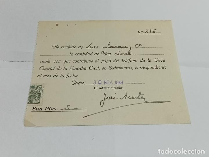 Old Documents: RECIB&Iacute;. CONTRIBUYE PAGO TEL&Eacute;FONO CUARTEL DE LA GUARDIA CIVIL. 1944. C&Aacute;DIZ