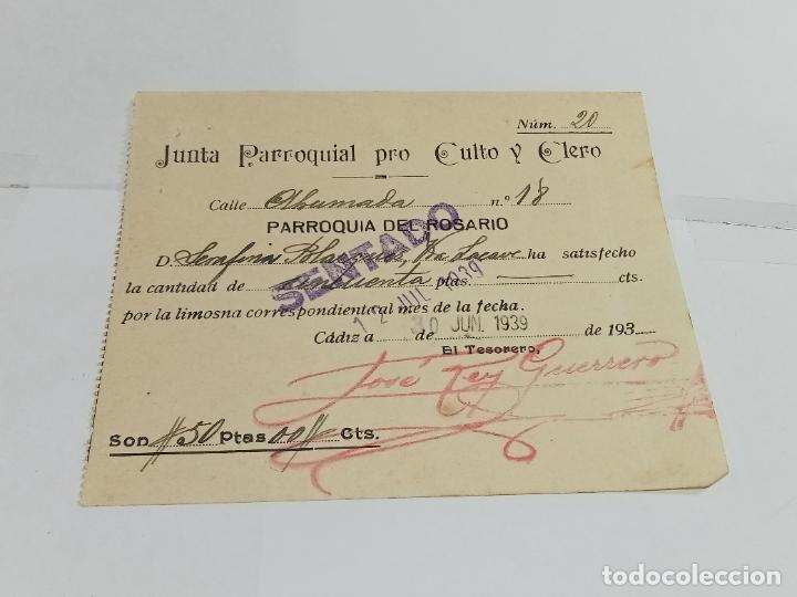 Old Documents: RECIB&Iacute;. JUNTA PARROQUIAL PRO CULTO Y CLERO. PARROQUIA DEL ROSARIO. 1939. C&Aacute;DIZ