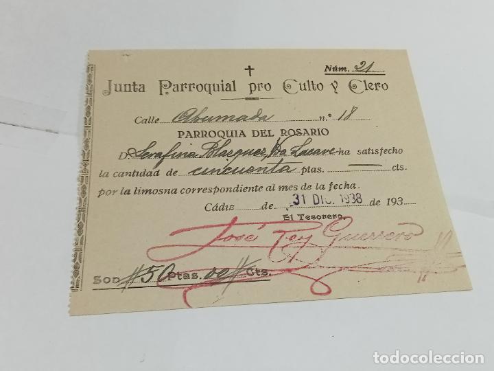 Old Documents: RECIB&Iacute;. JUNTA PARROQUIAL PRO CULTO Y CLERO. PARROQUIA DEL ROSARIO. 1938. C&Aacute;DIZ