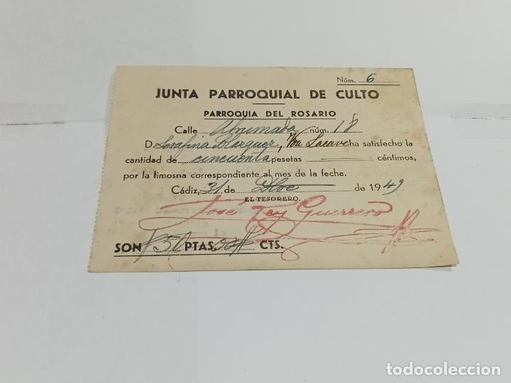 Old Documents: RECIB&Iacute;. JUNTA PARROQUIAL DE CULTO. PARROQUIA DEL ROSARIO. 1949. C&Aacute;DIZ