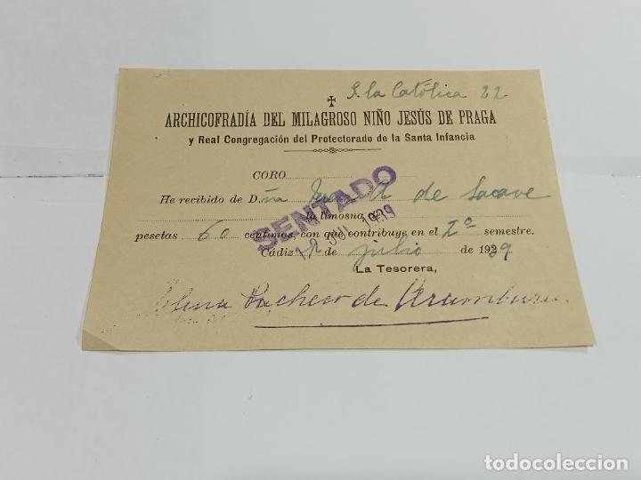 Documentos antiguos: RECIB&Iacute;. ARCHICOFRAD&Iacute;A DEL MILAGROSO NI&Ntilde;O JESUS DE PRAGA. 1939. C&Aacute;DIZ