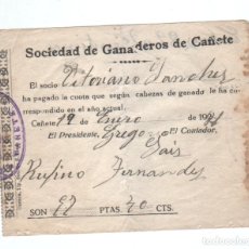 Documentos antiguos: AÑO 1921 - SOCIEDAD DE GANADEROS DE CAÑETE (CUENCA) - RECIBO PAGO CUOTAS SEGUN CABEZAS DE GANADO. Lote 327192978