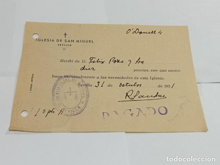 Documentos antiguos: RECIB&Iacute;. IGLESIA DE SAN MIGUEL, SEVILLA. 1951. CONTRIBUYENTE DE LAS NECESIDADES DE LA IGLESIA