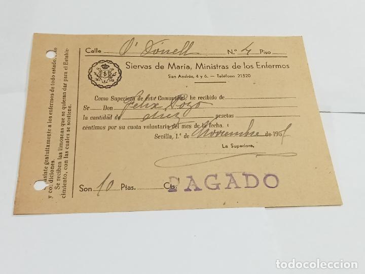 Documenti antichi: RECIB&Iacute;. SIERVAS DE MAR&Iacute;A, MINISTRAS DE LOS ENFERMOS. 1951. SEVILLA. CUOTA VOLUNTARIA