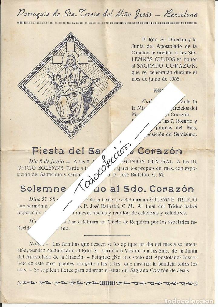 Documentos antiguos: HOJA PARROQUIA STA. TERESA DEL NI&Ntilde;O JES&Uacute;S, BARCELONA 1956 - FIESTA DEL SAGRADO CORAZ&Oacute;N
