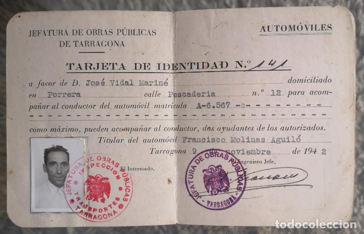 Documentos antiguos: JEFATURA OBRAS PUBLICAS DE TARRAGONA - AUTOM&Oacute;BILES - 1942 - Tarjeta de Identidad de traslado