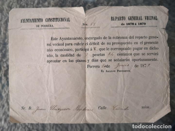 Documentos antiguos: AYUNTAMIENTO CONSTITUCIONAL DE PORRERA - TARRAGONA - 1879 - Reparto General Vecinal