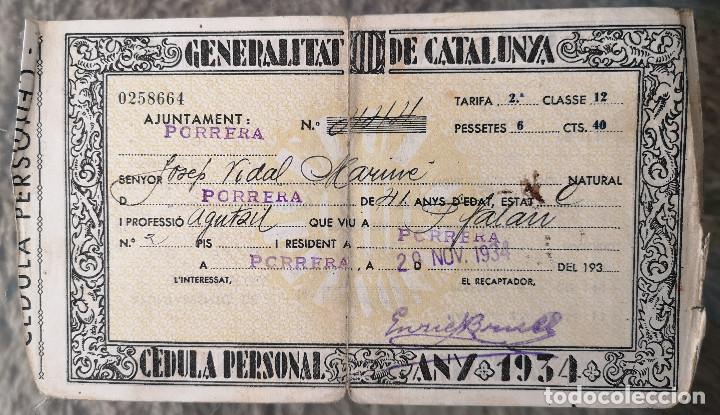 Documentos antiguos: C&Egrave;DULA PERSONAL GENERALITAT DE CATALUNYA - 1934 - Ayuntamiento de PORRERA ( Tarragona )