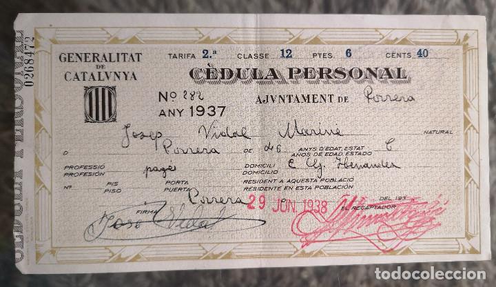Documentos antiguos: C&Egrave;DULA PERSONAL GENERALITAT DE CATALUNYA - 1938 - Ayuntamiento de PORRERA ( Tarragona )