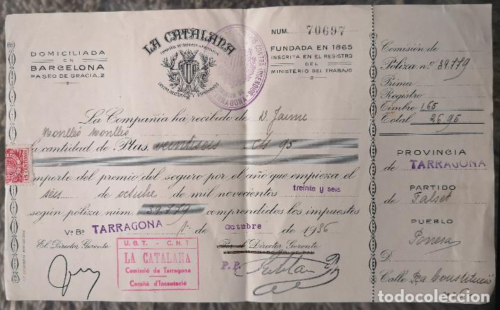 Documentos antiguos: POLIZA DE SEGUROS LA CATALANA 1936 - MUNICIPIO DE PORRERA - PROVINCIA DE TARRAGONA