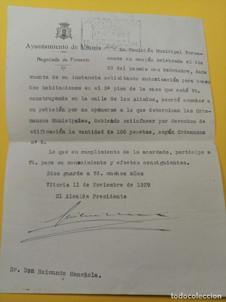 Documentos antiguos: ESCRITO AYUNTAMIENTO DE VITORIA, NEGOCIADO DE FOMENTO, FIRMA ALCALDE D. RAIMUNDO MANCHOLA. A&Ntilde;O 1929