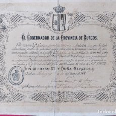 Documentos antiguos: ANTIGUO DIPLOMA HONORIFICO ENSEÑANZA PRIMARIA BURGOS.ALFONSO XII DOÑA MERCEDES AÑO 1878.