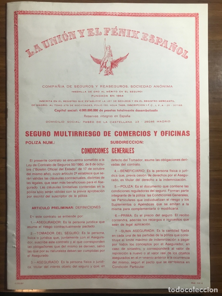 Documentos antiguos: LA UNIOM Y EL FENIX ESPA&Ntilde;OL condiciones generales POLIZA DE COMERCIOS y OFICINAS