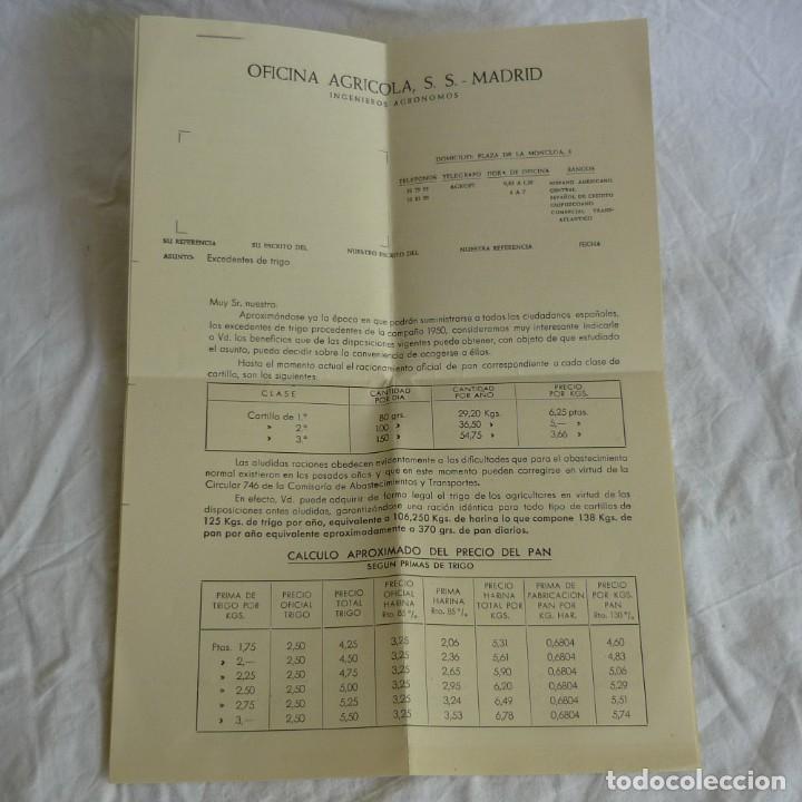 Documentos antiguos: Documento oficina agr&iacute;cola Madrid, Excedentes de trigo, racionamiento, 1950