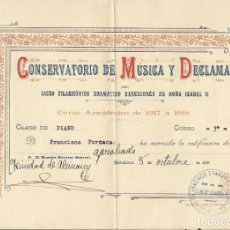 Documentos antiguos: DIPLOMA LICEO DE DOÑA ISABEL II. 1917-18. PIANO. FRANCISCA FORCADAS. TRINIDAD DE ALEMANY. BARCELONA.
