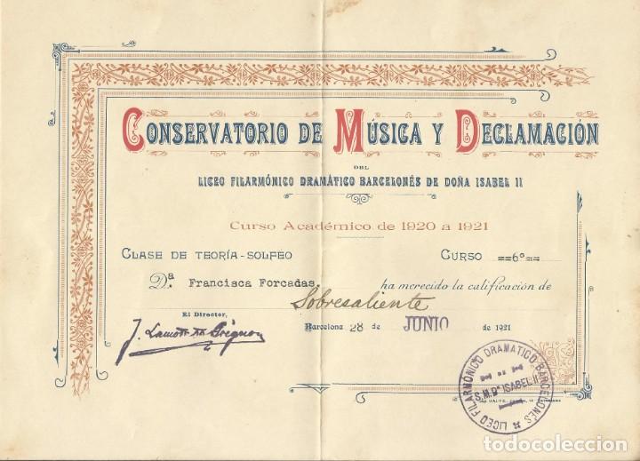 Documentos antigos: Diploma Liceo de Do&ntilde;a Isabel II. 1920-21. Solfeo. Francisca Forcadas. Joan Lamote. Barcelona.