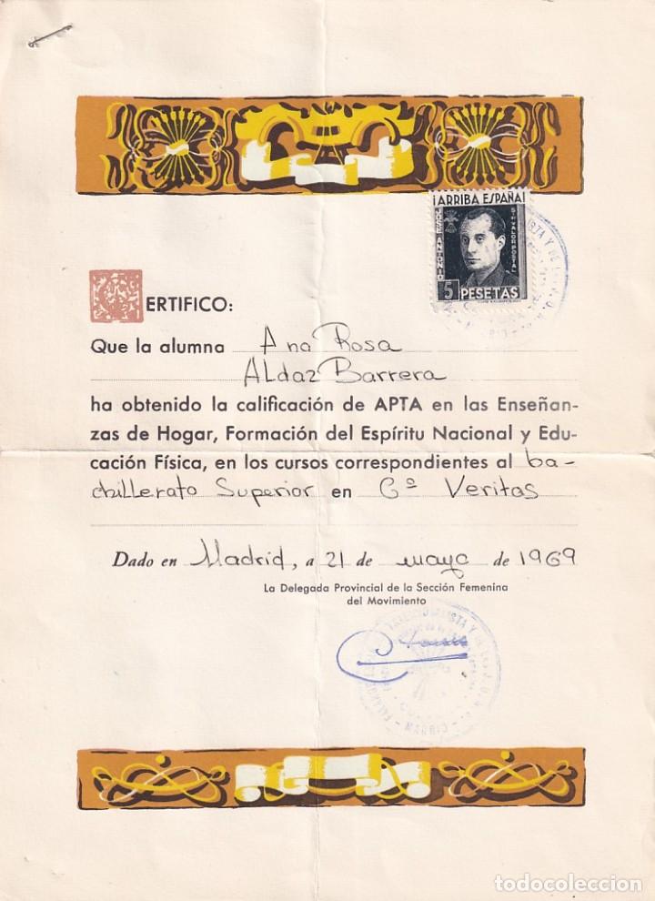 Documentos antiguos: CERTIFICADO DE ENSE&Ntilde;ANZAS DEL HOGAR, FORMACI&Oacute;N DEL ESP&Iacute;RITU NACIONAL Y EDUCACI&Oacute;N 1969